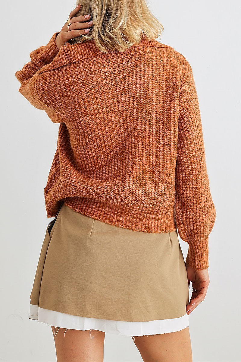 Wool knit button up neck crop sweater (TED2056)