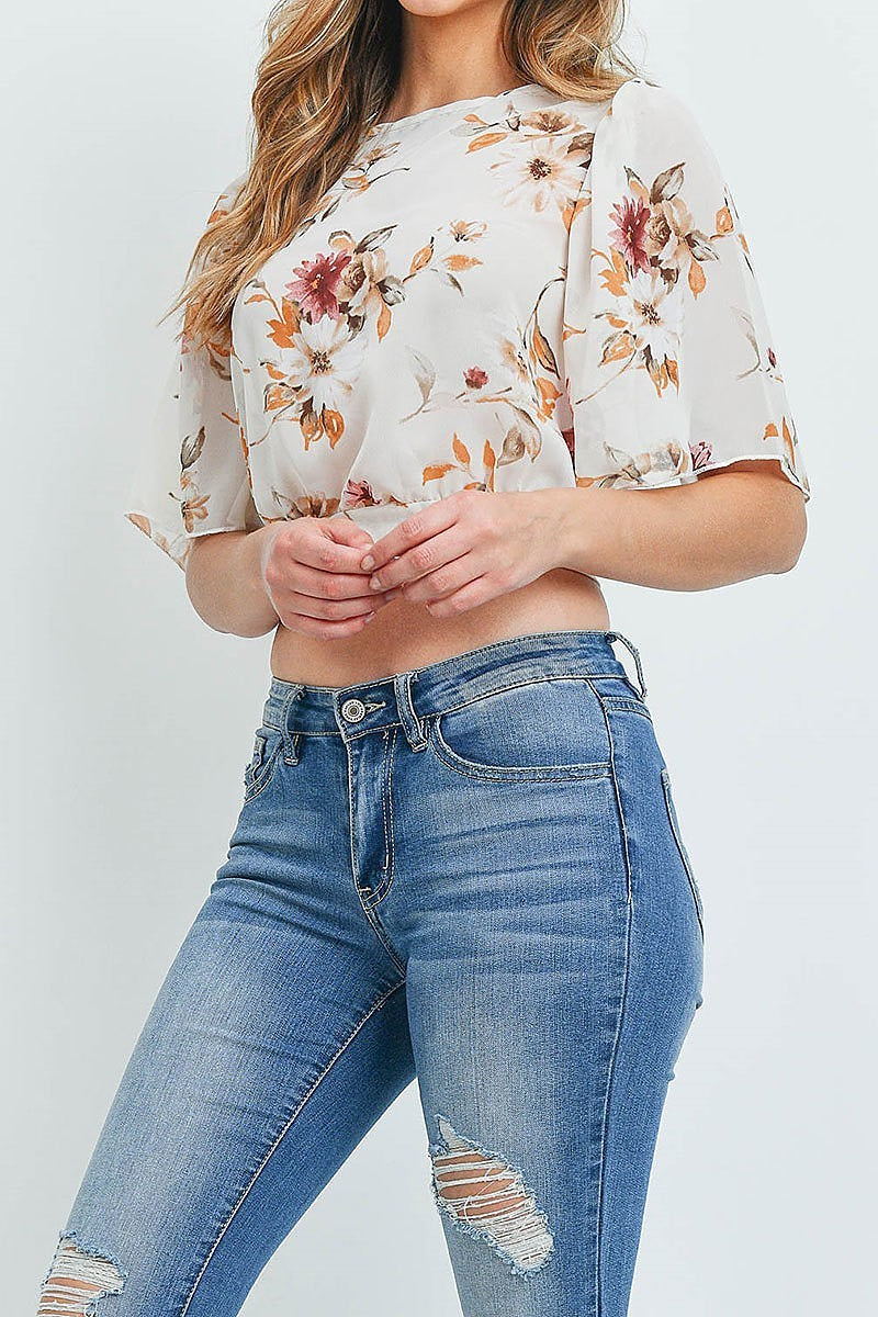 Floral print crop top with chiffon detail (ED8898-2)