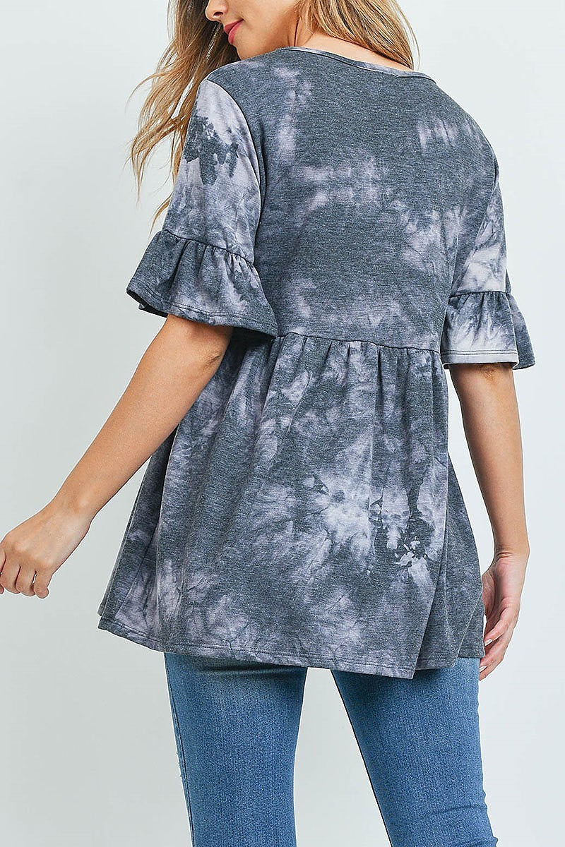 V neck ruffle sleeve tie dye top (ED9618)