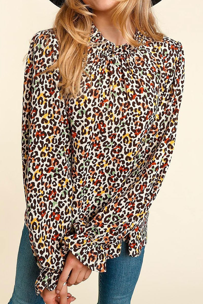 Frilled mock neck animal print button top (ETBM4030)