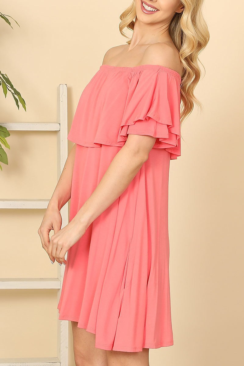 Ruffle off shoulder solid dress (DED9402)