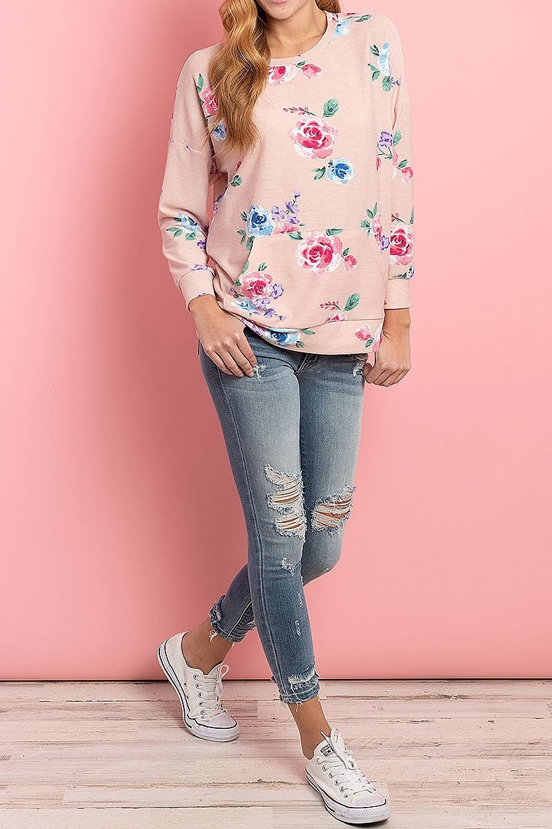 Floral long sleeves pullover with kangaroo pocket (ED8486)