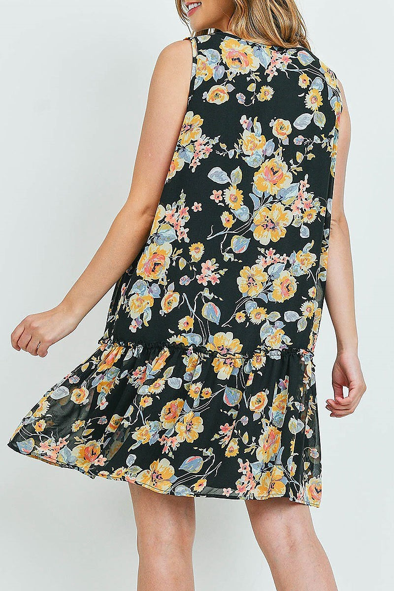 Floral print sleeveless ruffle hem dress lined (DED6298)