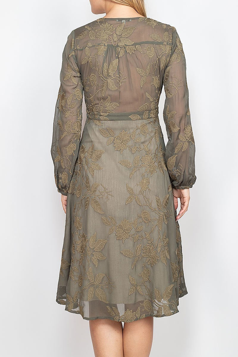 Floral embroidered tie front dress (DED6733)