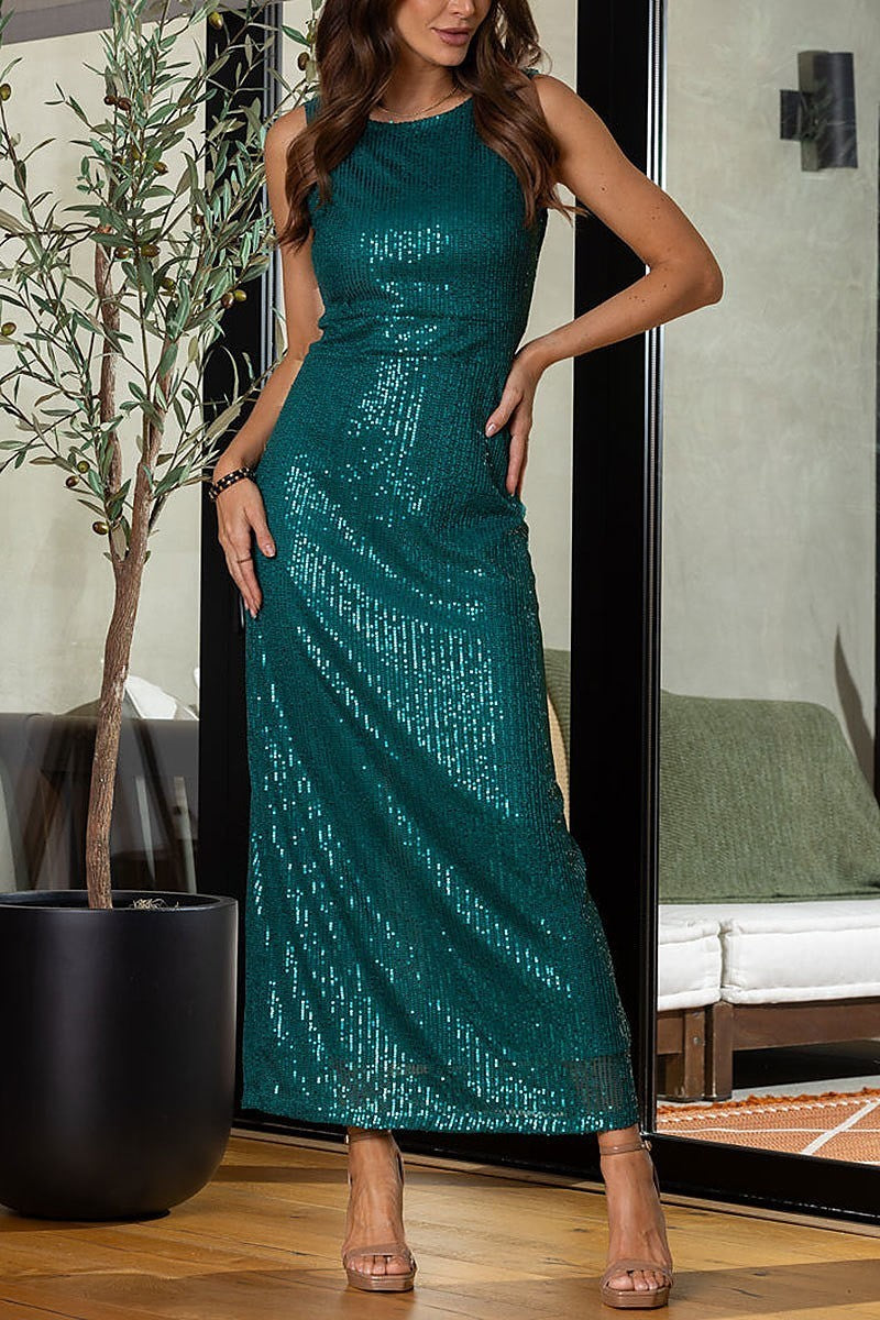 Sequin round neck sleeveless side slit maxi dress (EDSW3787)