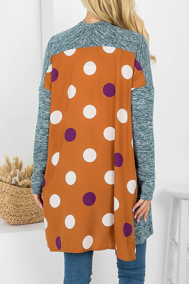 Polka dot print back solid front cardigan (EF4151)