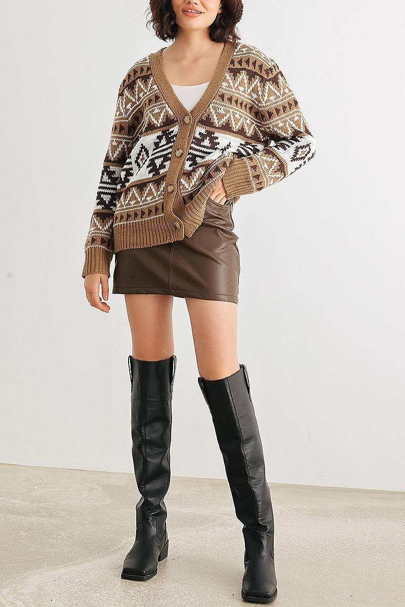 Fair isle knit vbutton up cardigan sweater (TED2035)