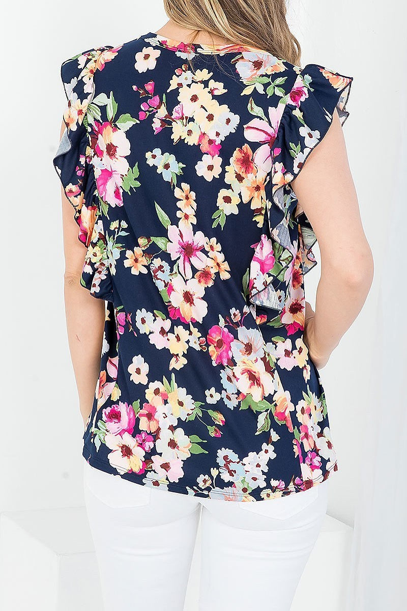 Long flutter cap sleeve floral top (EF4167)