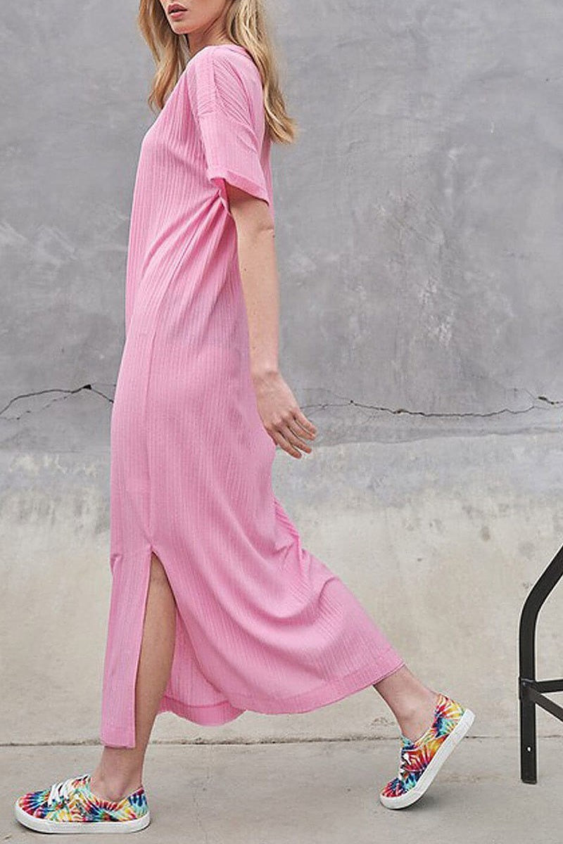 Short sleeve v-neck tunic ribbed maxi dress (EFWT9537)