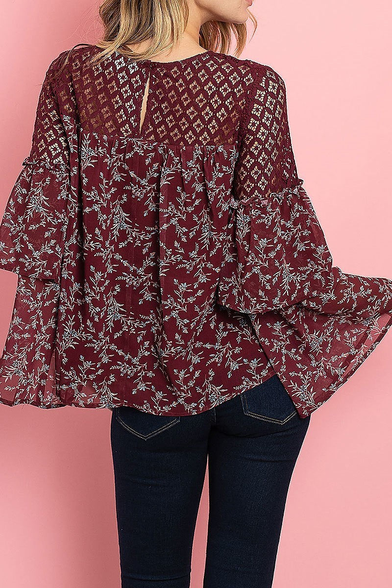 Lace trimmed bell sleeve floral print top (ED7931)