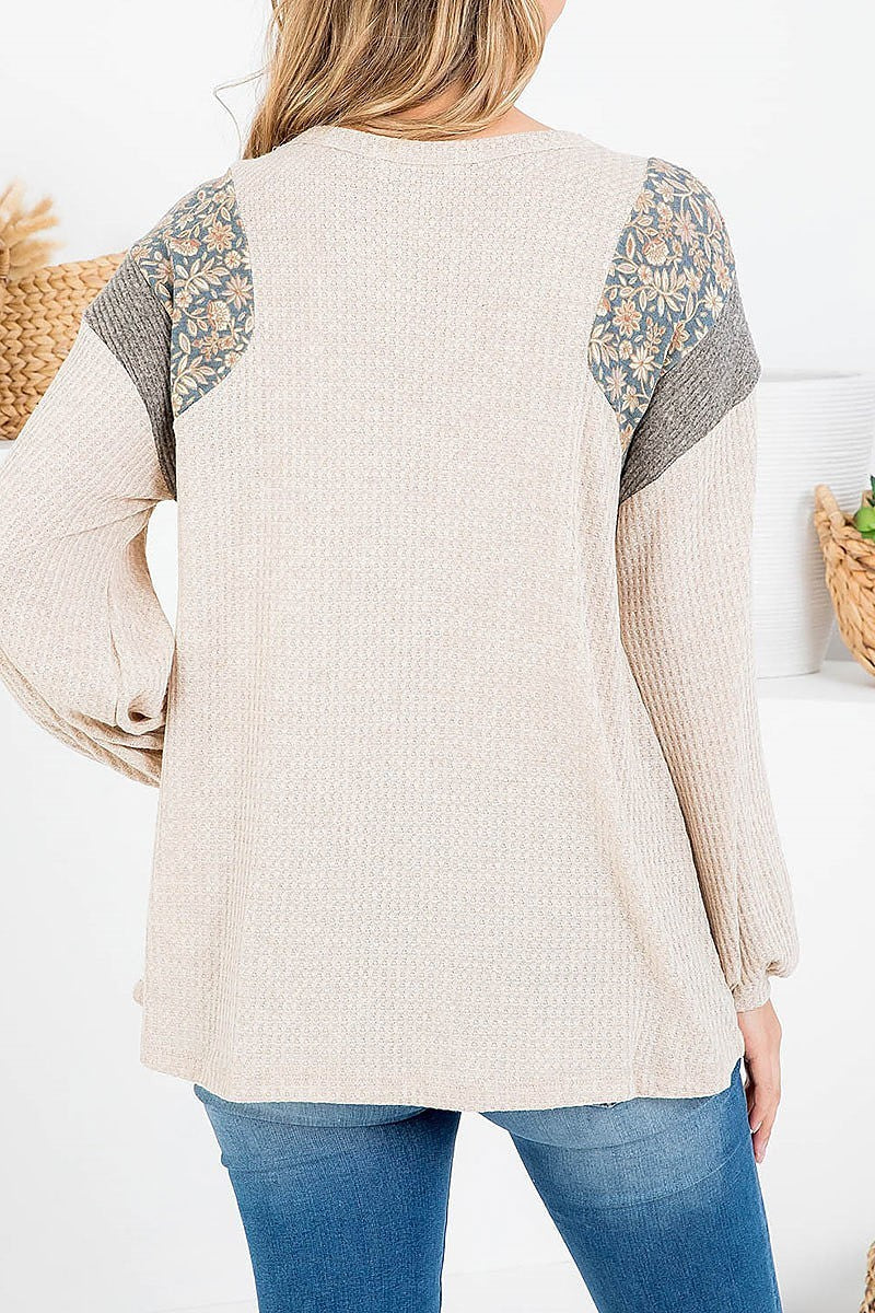 Floral print color block shoulder thermal top (EF2461)