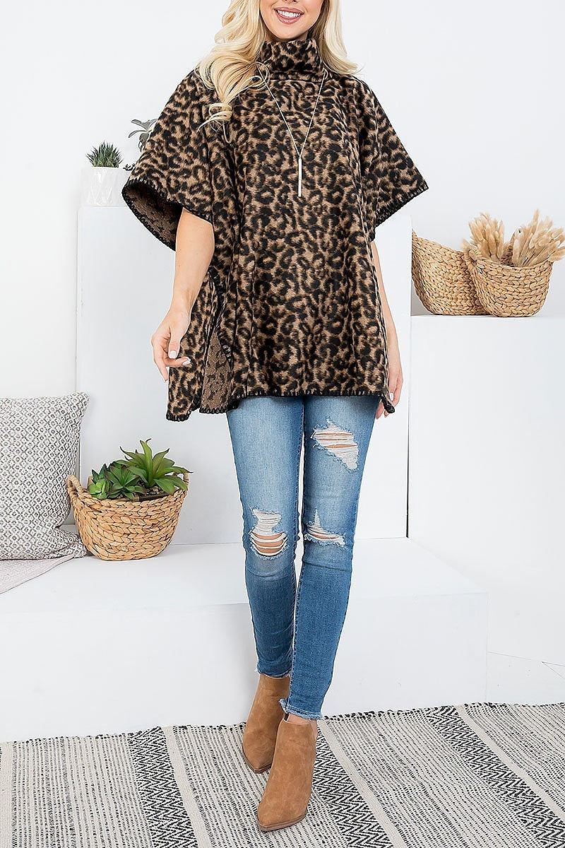 Turtle neck leopard print poncho (DGS5520)