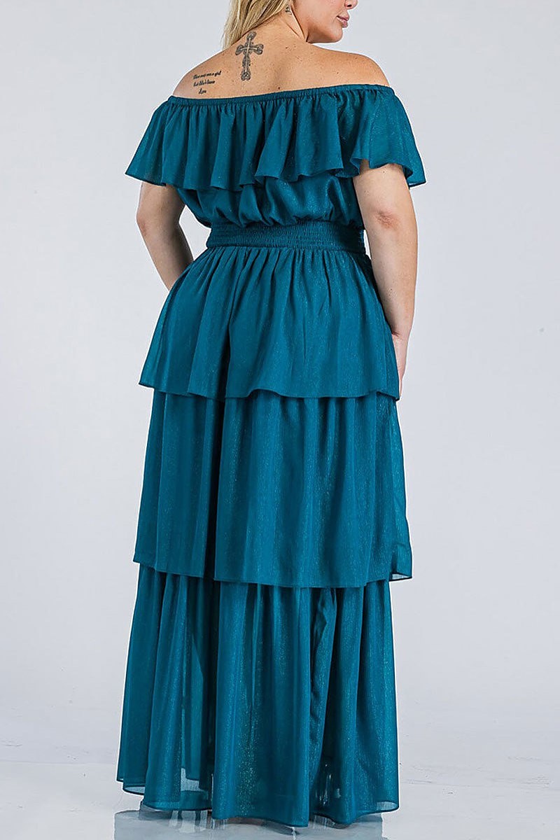 Off shoulder smock waist tiered shimmer maxi dress (EGWT2173)