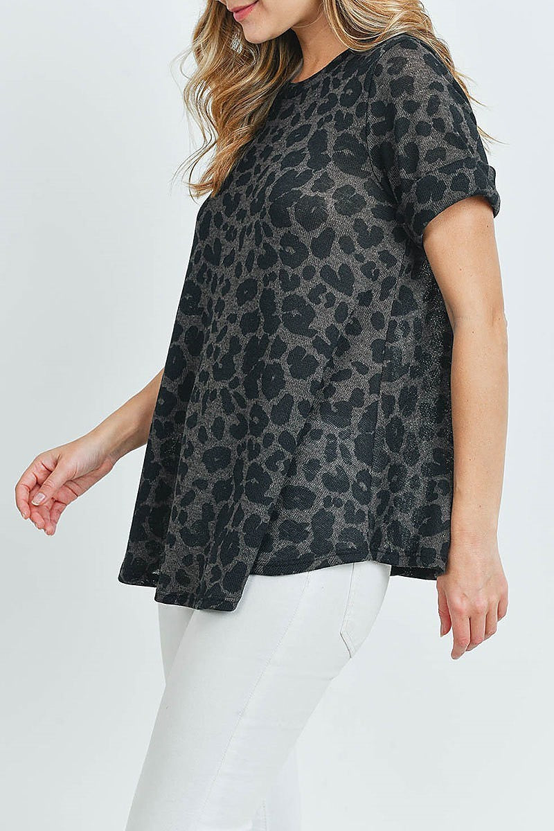 Short sleeves round hem leopard top (ED8677)