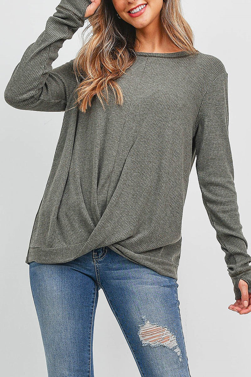 Twist front hem long sleeve top (EF2189)