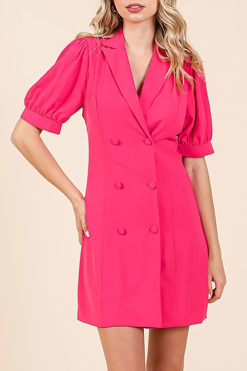 Button up mini dress with bubble sleeve detail (EDH2241)