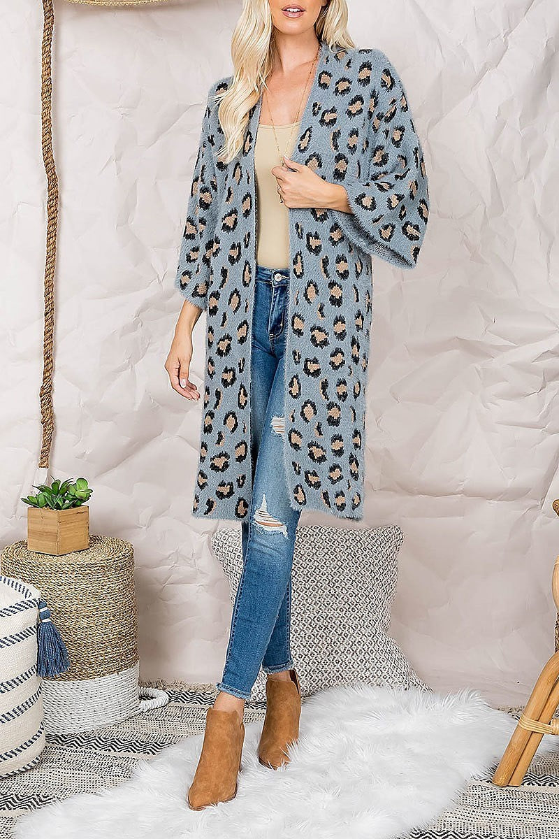 Fuzzy fur leopard print knee length kimono (DGS5534)