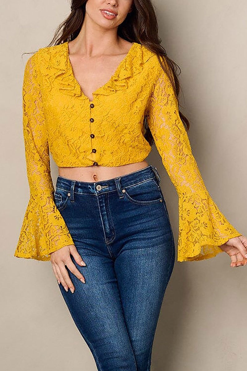 Long bell sleeve ruffle button up crop top (EFWT2249)