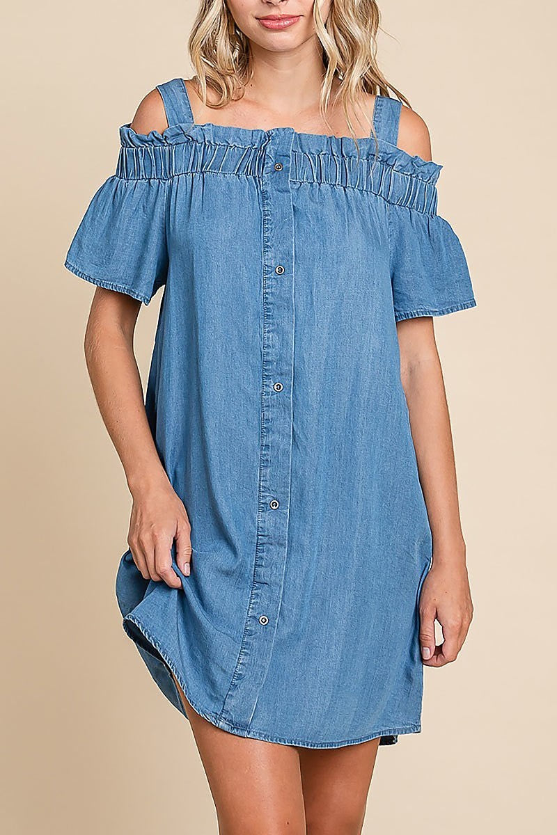 Chambray button-down cold-shoulder mini dress (EDH1624)