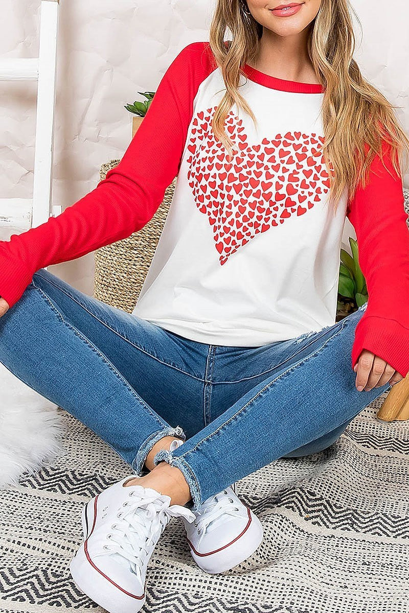 Heart print long sleeve raglan top (EF3114)