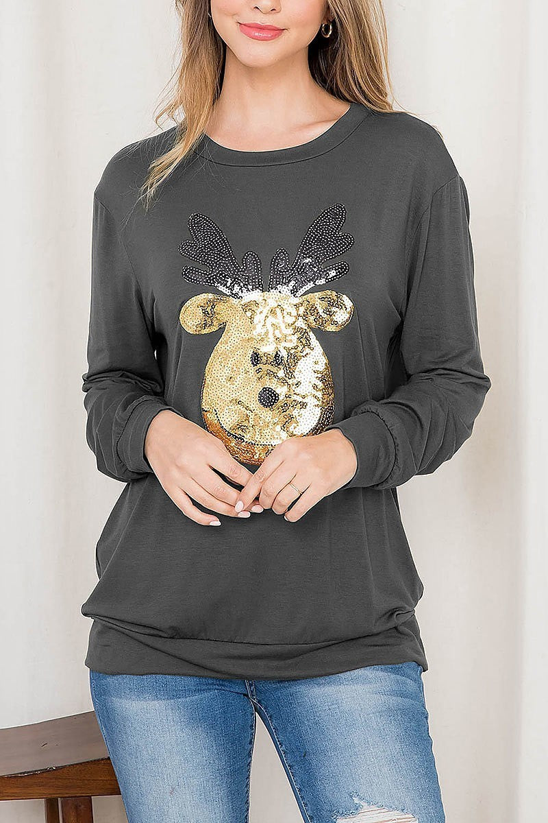 Sequin moose print long sleeve top (EF2700)