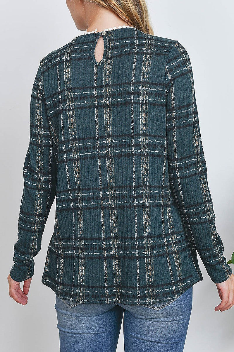 Pompom detail long sleeve plaid top (EF2409)