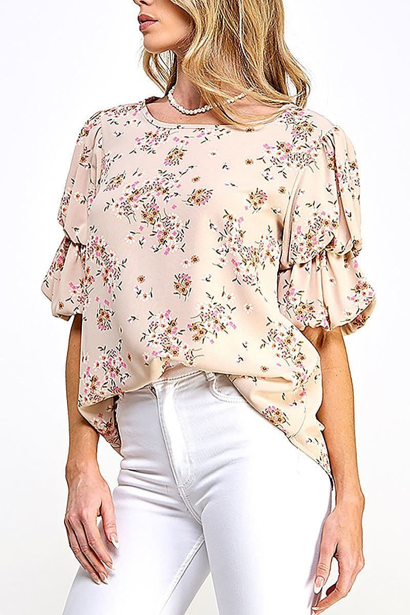 Layered puff sleeve woven floral blouse (EF5830)