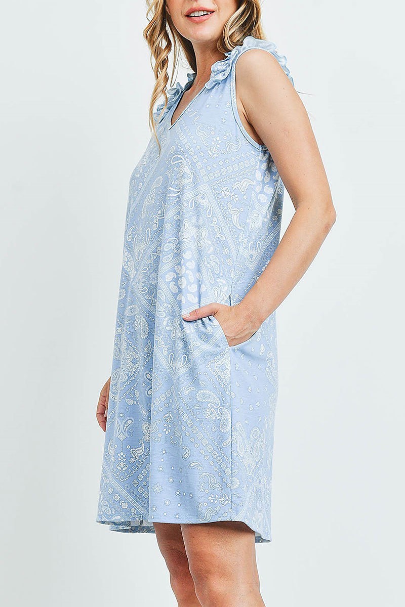 Sleeveless shoulder ruffle detail paisley pocket dress (DED6582)