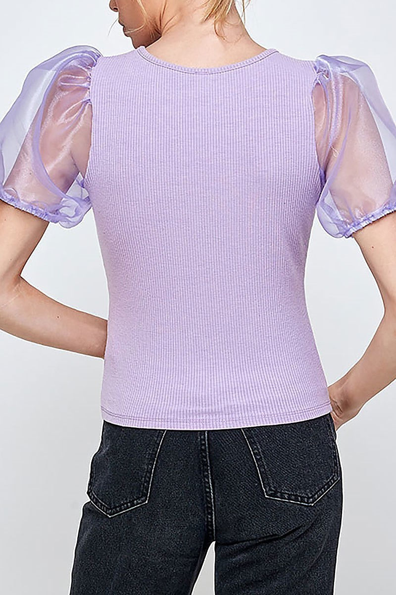 Sheer puff sleeve chain neck detail top (ED9483)