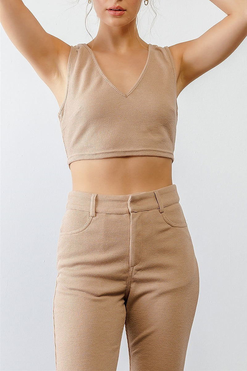 Waffle knit open tie back crop top and patns set (TED1767)