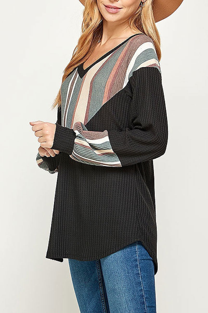 Stripe color block bubble sleeve top (ET2373)