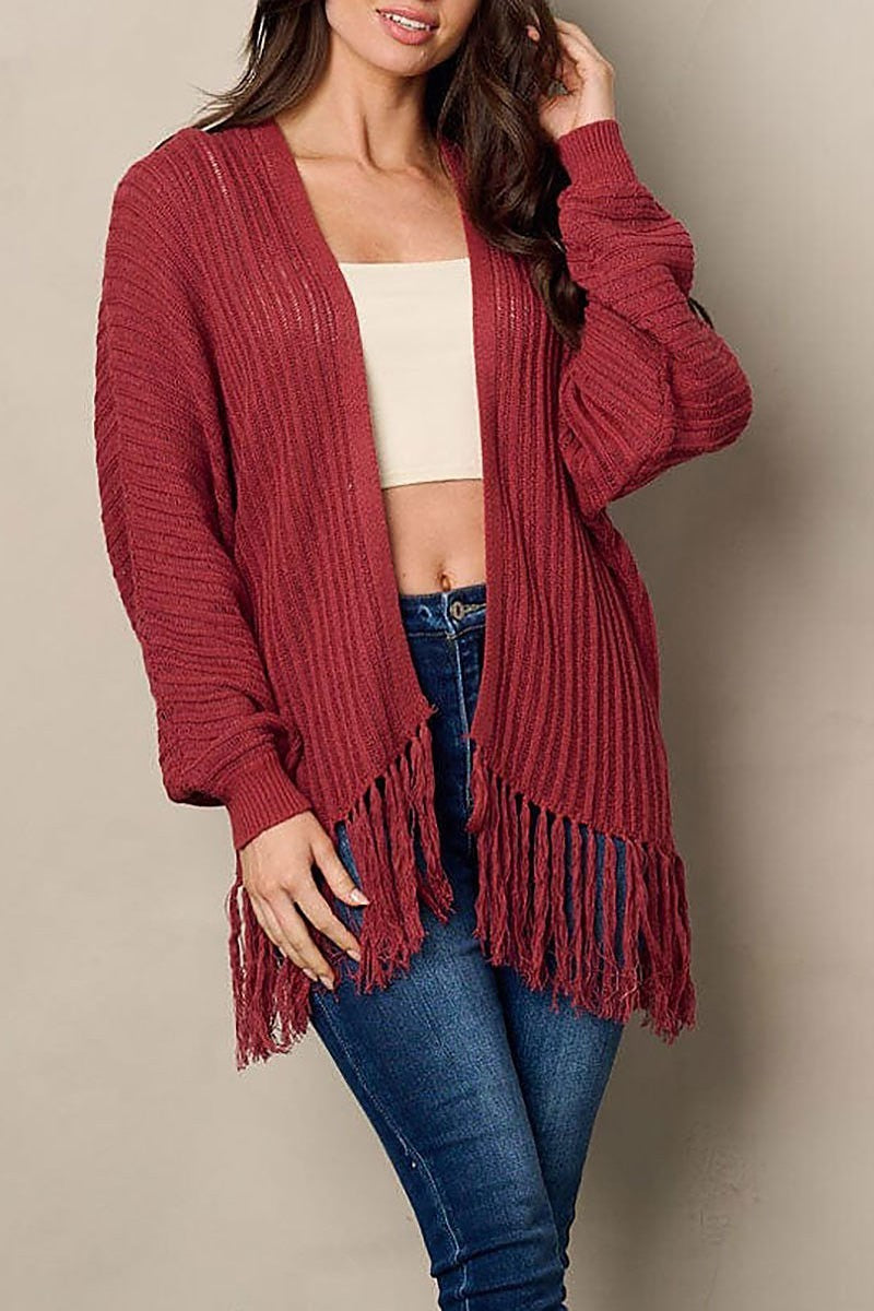 Long sleeve open front fringe cardigan (EFWT1921)