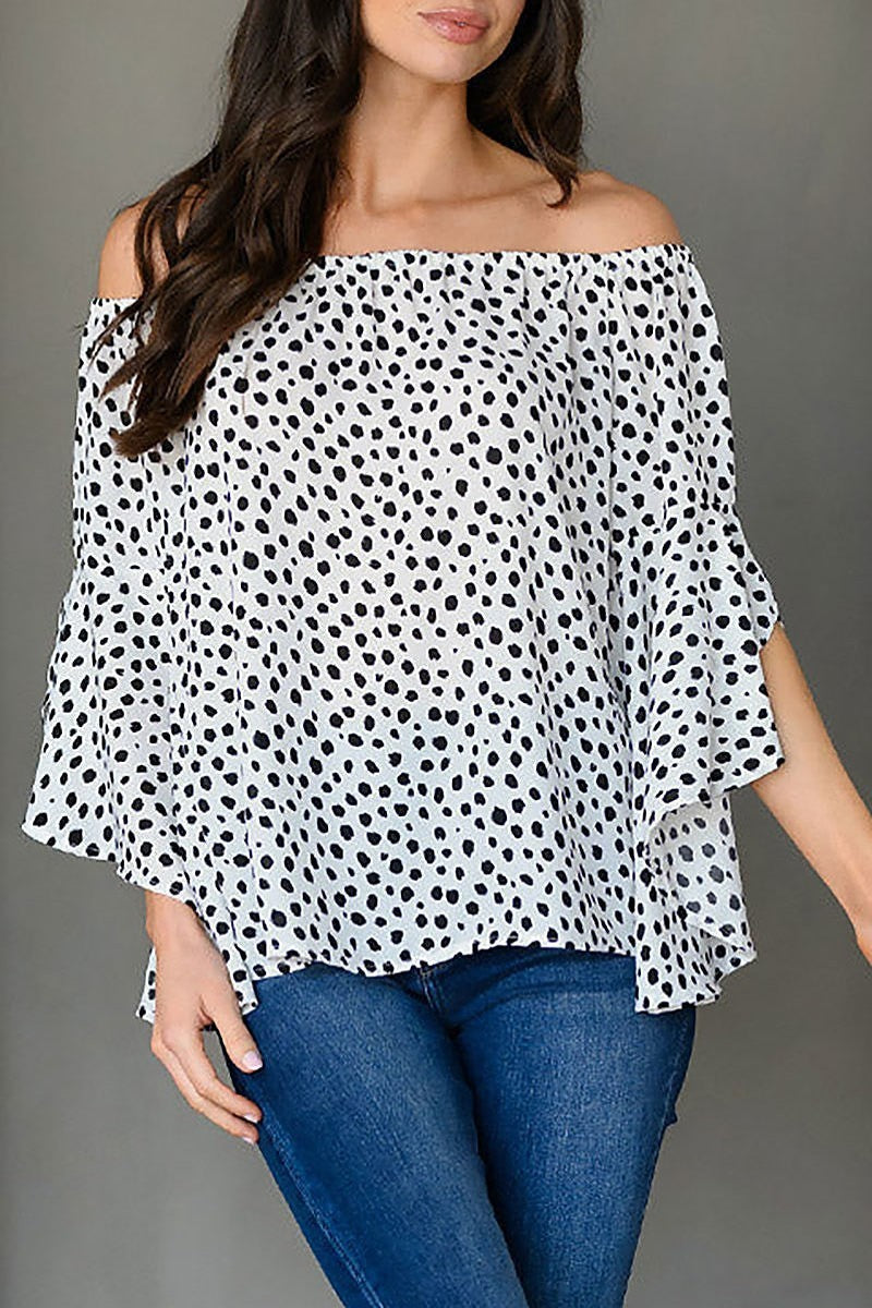 Off shoulder bell sleeve animal print tunic top (EDWT9403)