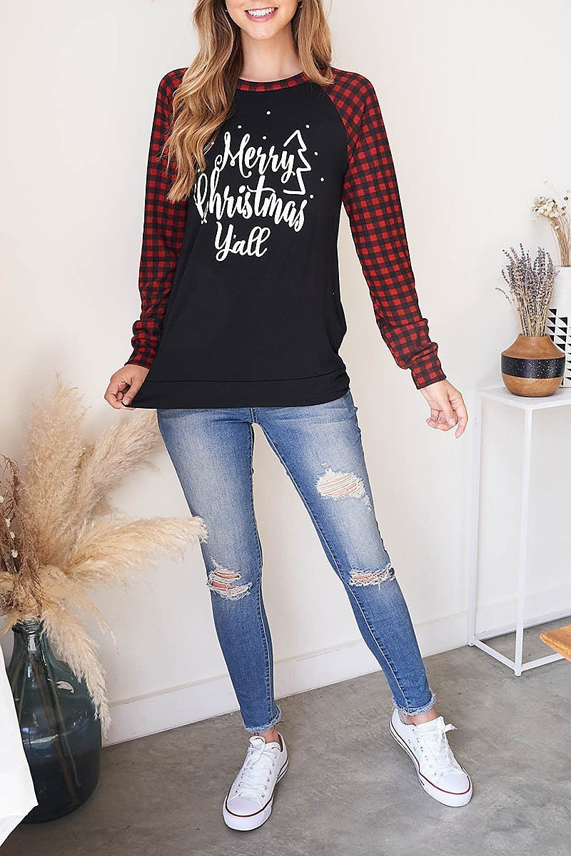 Plaid raglan merry christmas print top (EF2533)