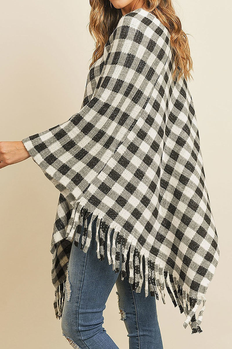 Fringe detail buffalo plaid poncho kimono (DGS4956)