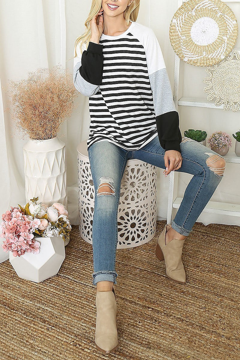 Color block long sleeve stripe top (EF6295)