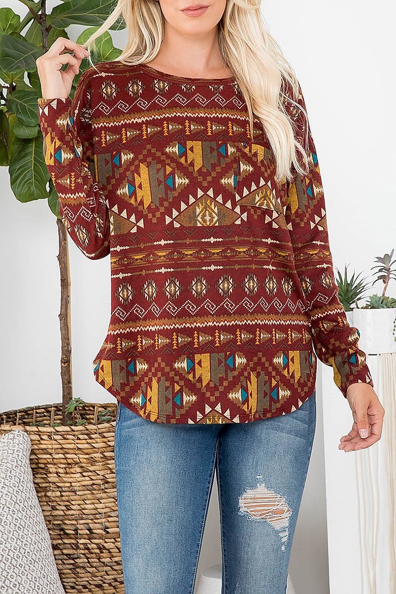 Boho print long sleeve dolhpin hem top (EF2413)