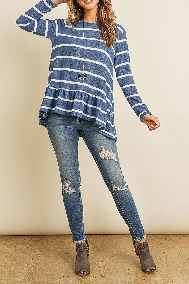 Stripe long sleeve ruffle detail hem tunic (ED8304-1)