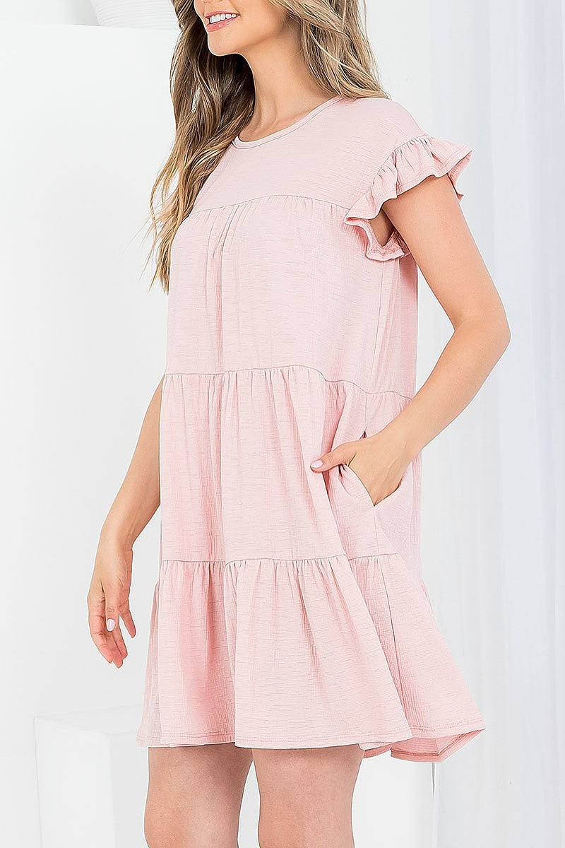 Ruffle short sleeve solid layered dress (DED7503)