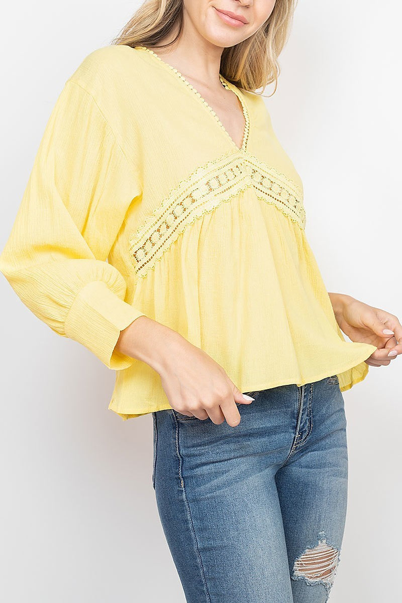 V neck lace trimmed bubble sleeve top (EF1800)