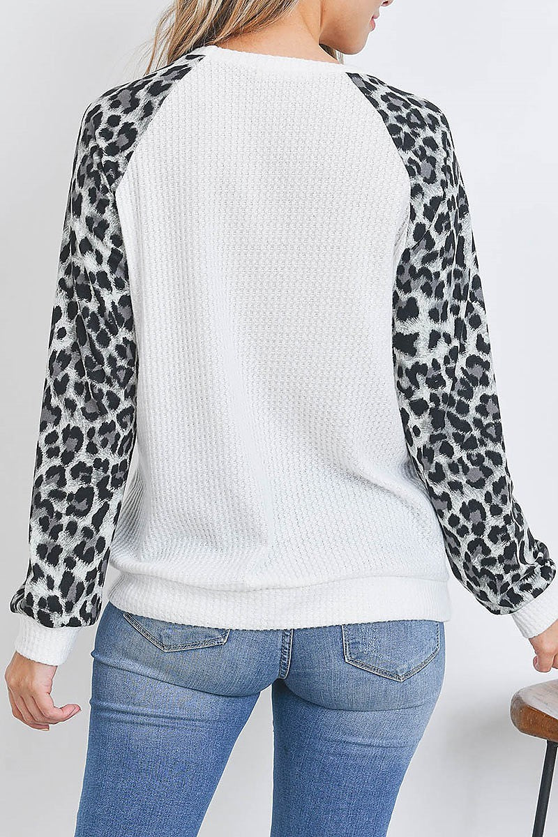 Leopard raglan sleeve knit waffle top (EF2695)