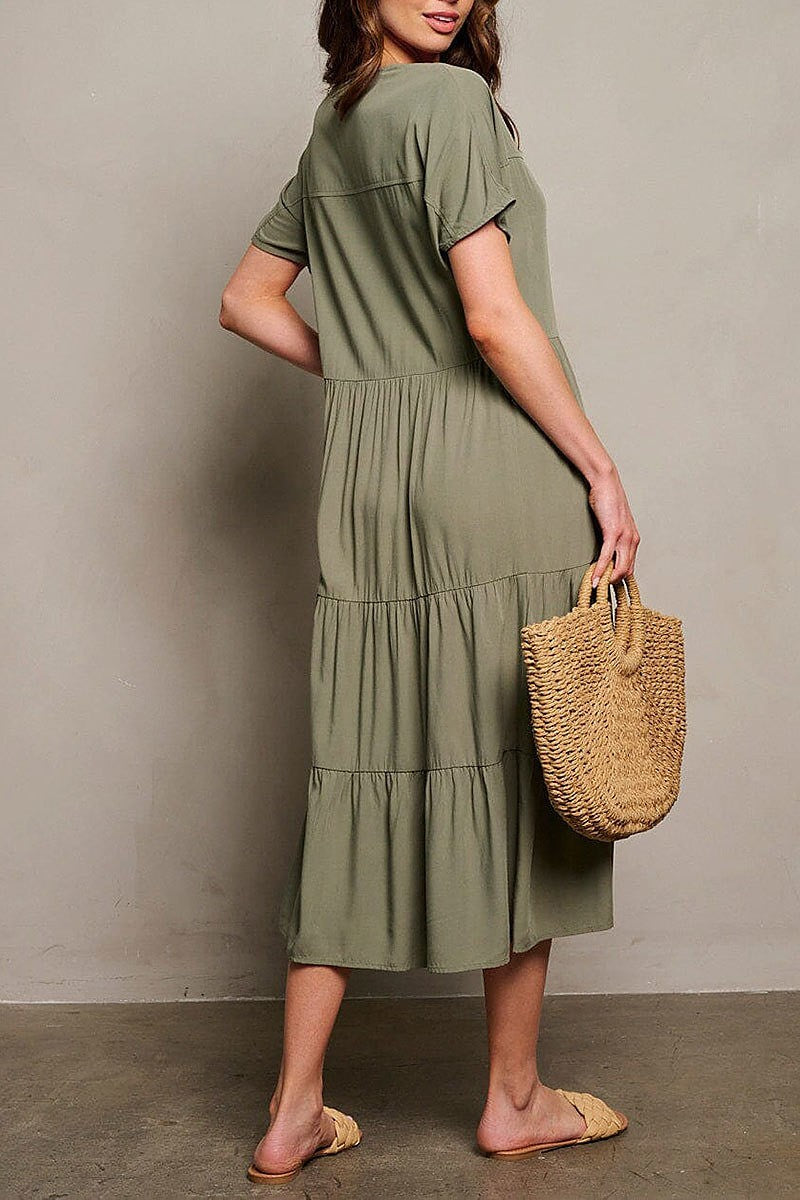 Short sleeve tiered button up maxi dress (EGWT1755-3)