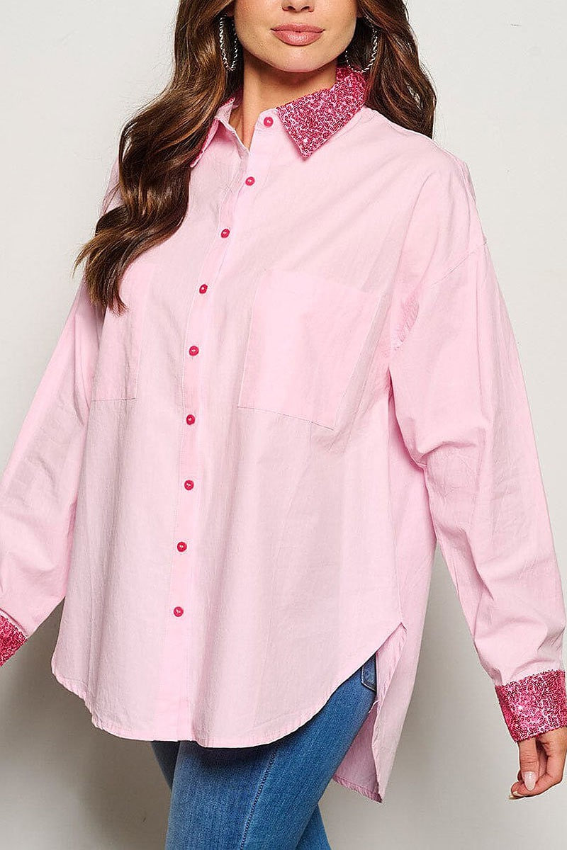 Long sleeve button up sequins graphic blouse top (EGWT1148)