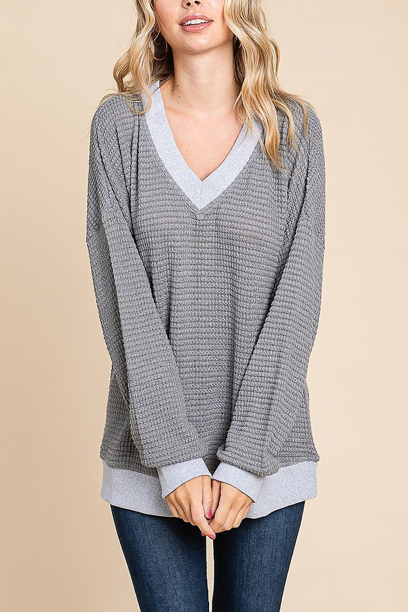 Contrast v-neck waffle knit sweater (EDH1539)