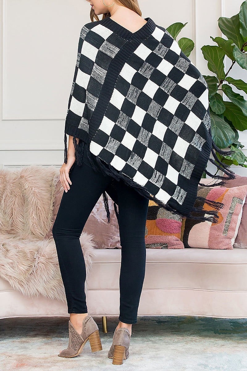 Plaid fringe poncho (DGS5313)