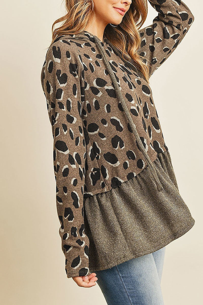 Leopard solid cinch ruffle hem hoodie with self tie (ED8321)