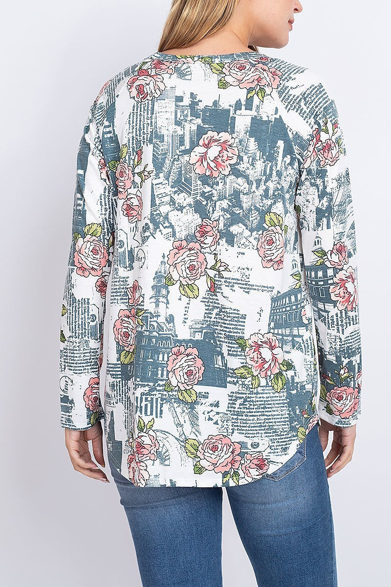 Floral newspaper print round neck top (EF1883)