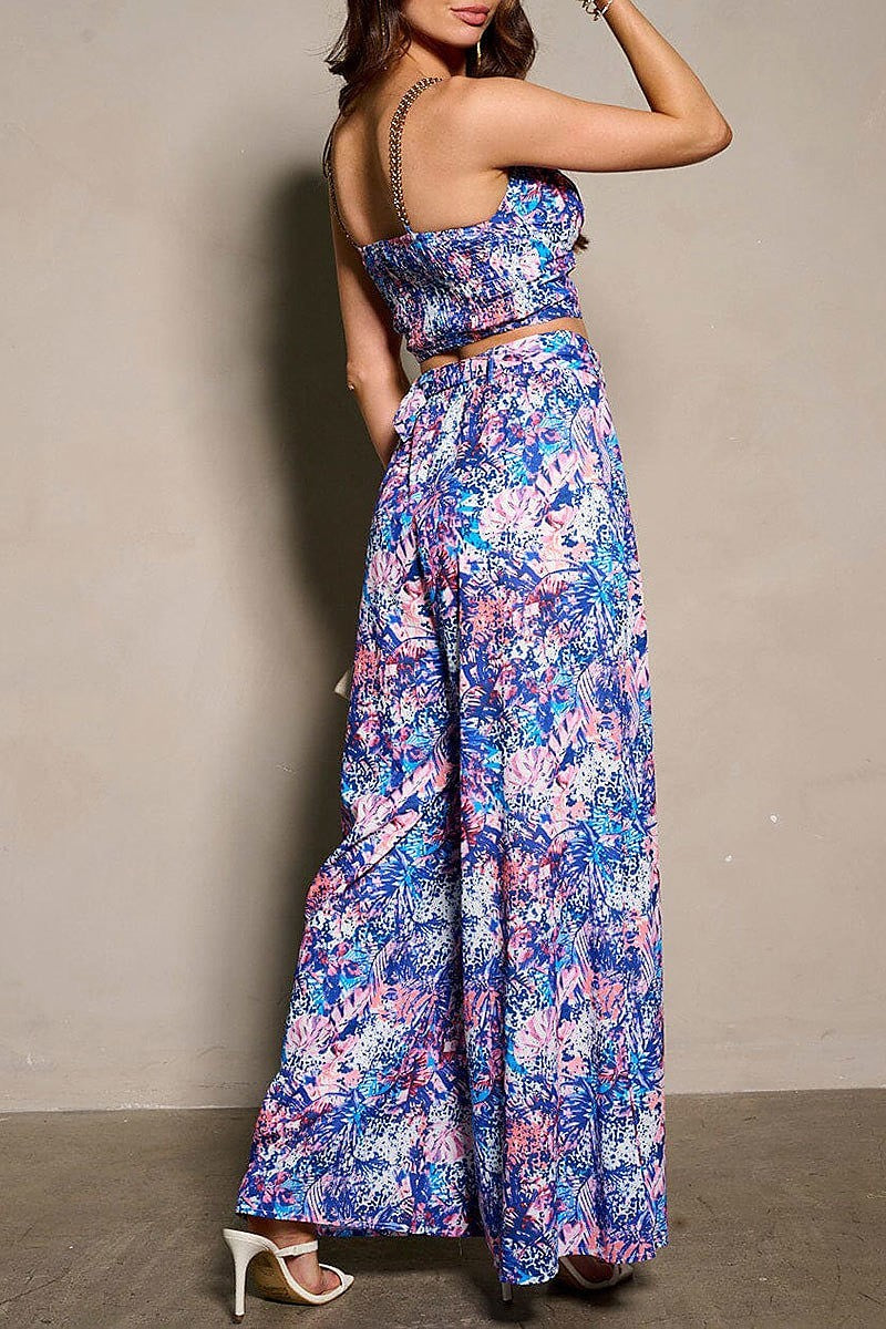 Sleeveless crop top & belted pants floral 2pc set (EFWT9498)