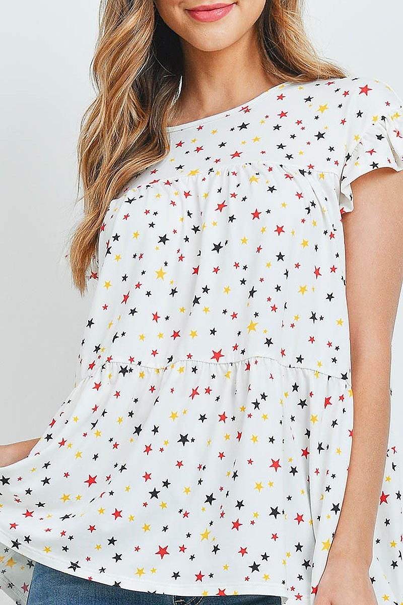 Multi color stars ruffle cap sleeve tiered top (EF1180)