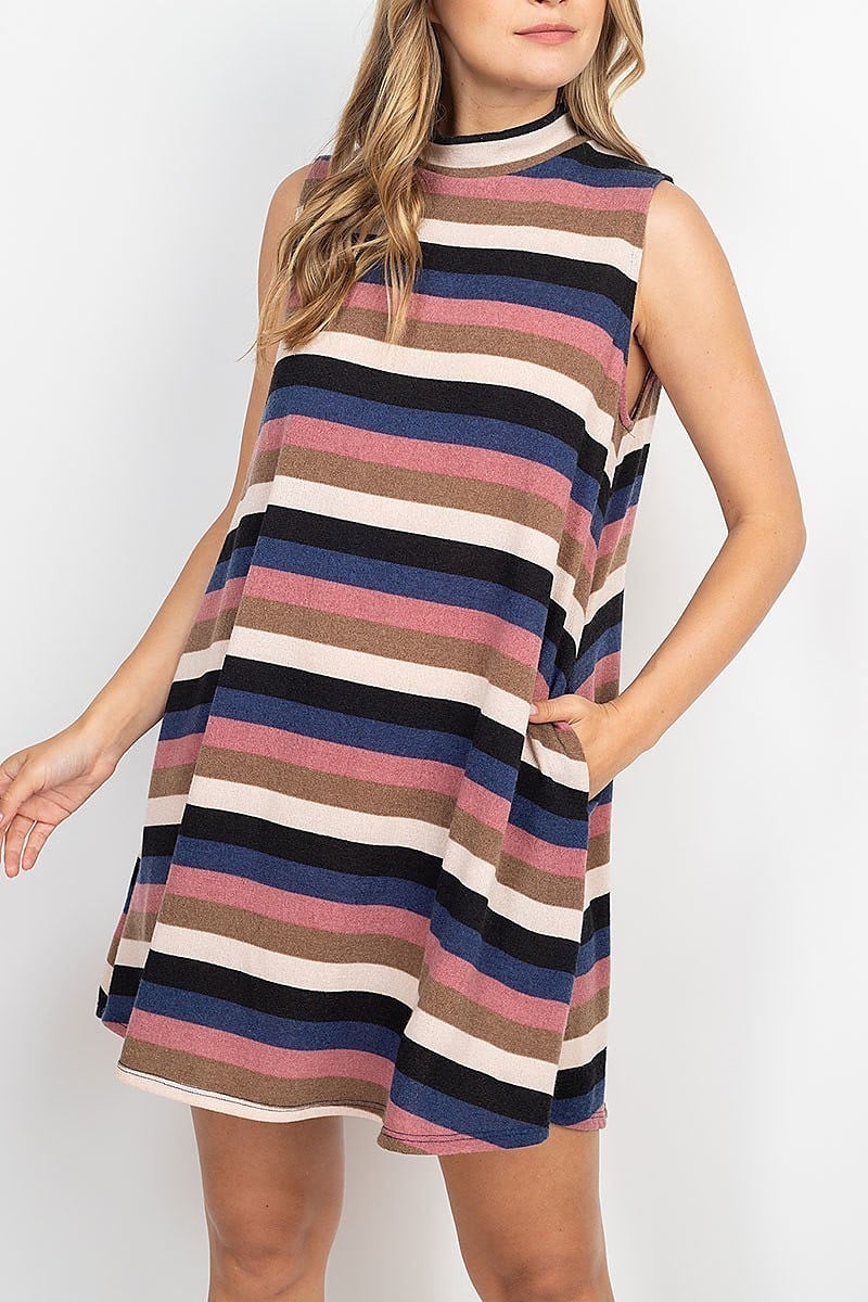 Mock neck pocket detail stripe tunic dress (DED6857)